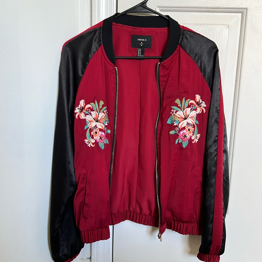 Black and dark red zip up jacket with embroidered floral design